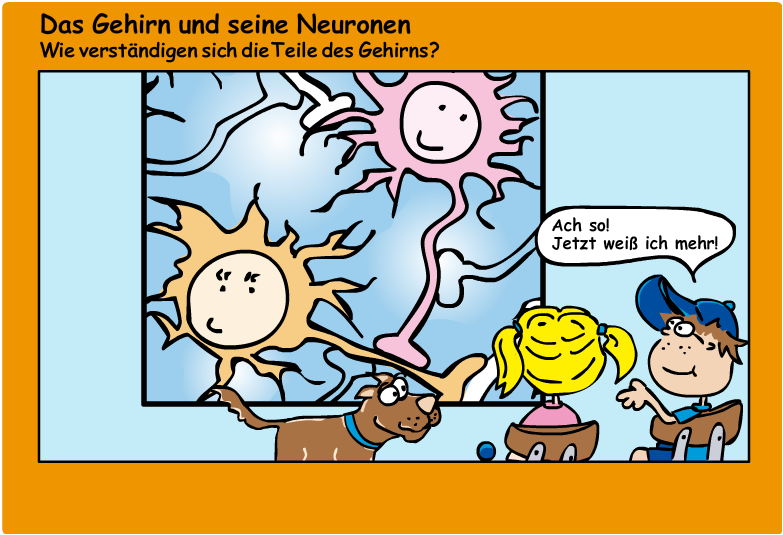 Die Comicfiguren Katja und Max sehen sich ein Poster mit Nervenzellen an.